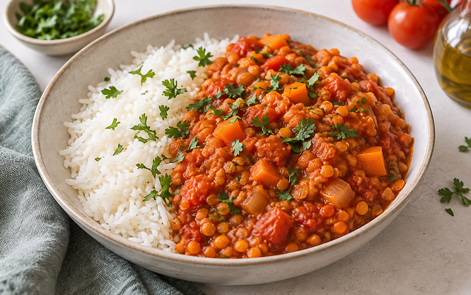 Rote-Linsen-Tomaten-Pfanne mit Reis
