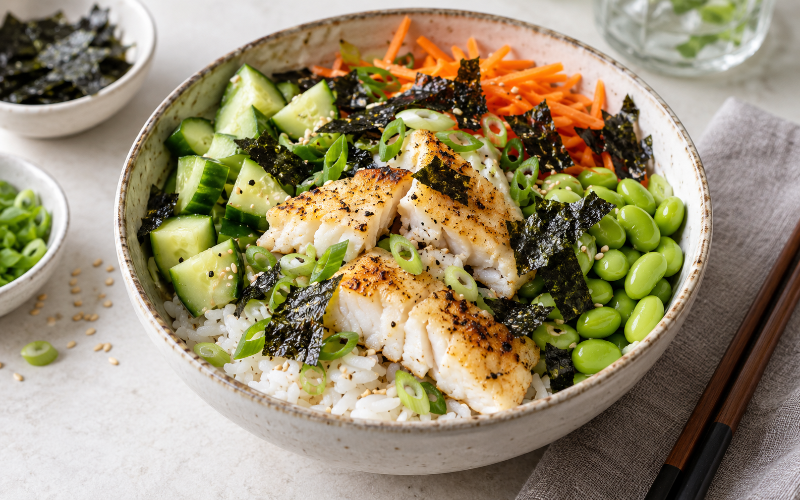 Seelachs-Reis-Bowl mit Gurke & Nori